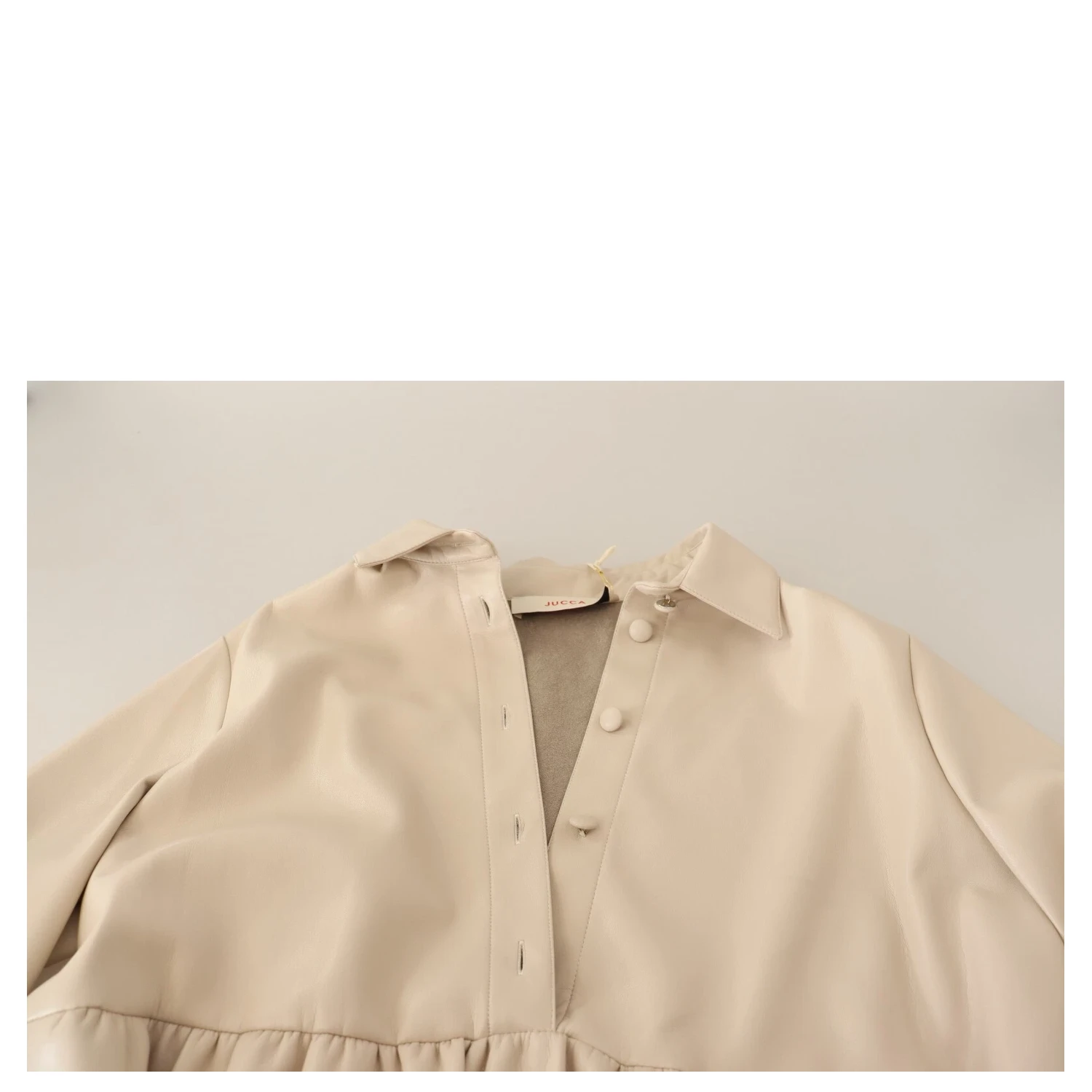 Leather Beige Long Sleeves Collared A-line Mini Dress