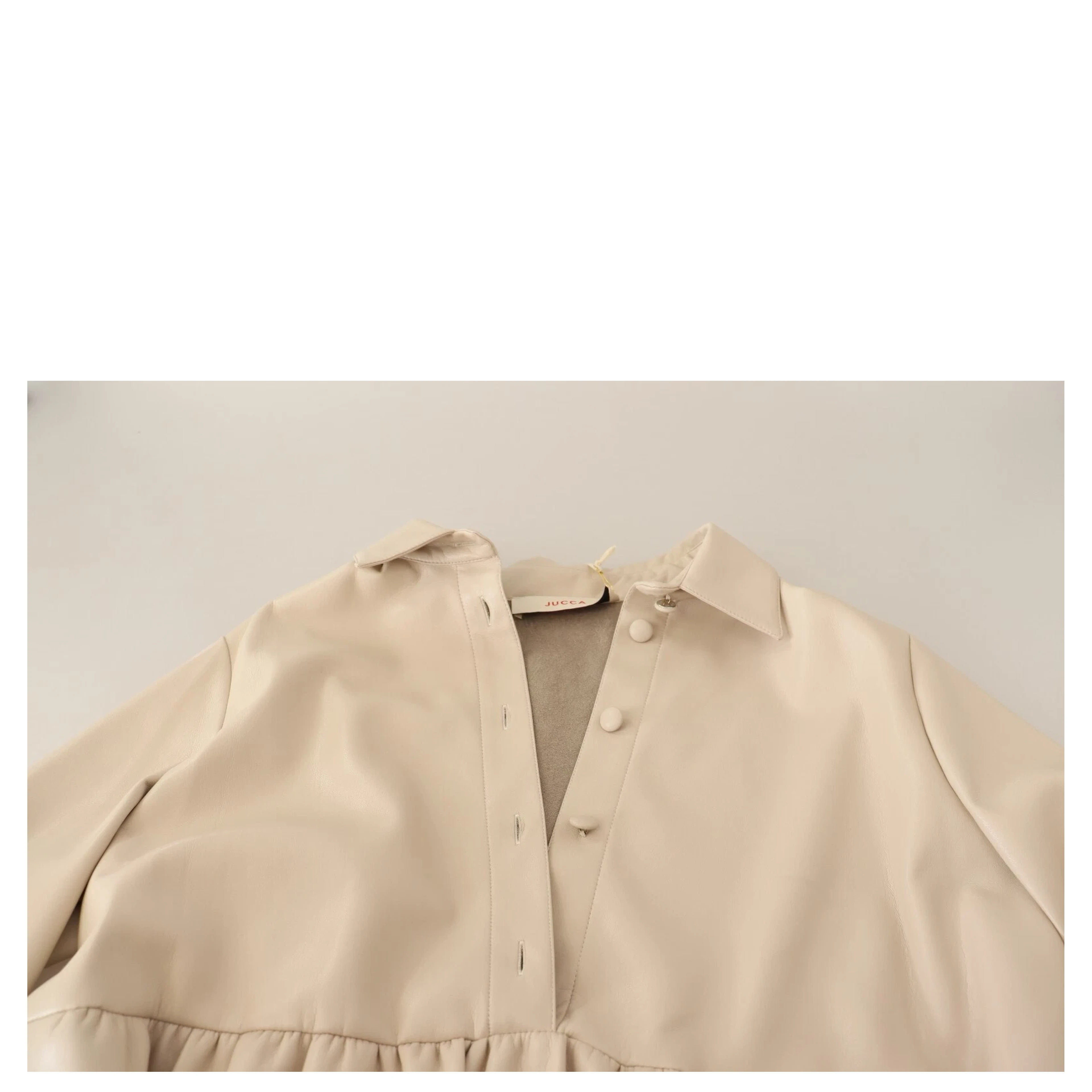 Leather Beige Long Sleeves Collared A-line Mini Dress
