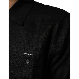 Black Linen Collared Short Sleeve Polo Shirt
