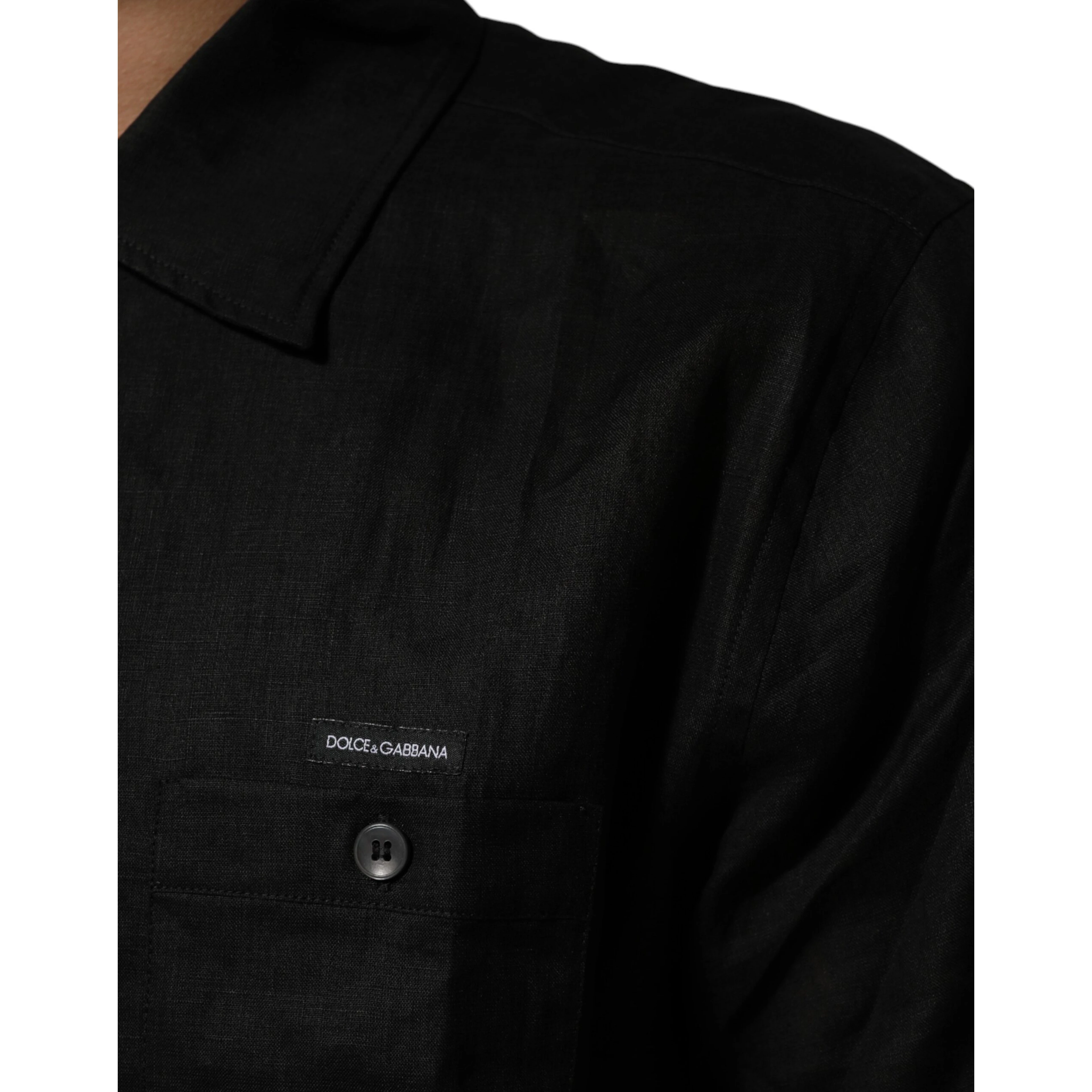 Black Linen Collared Short Sleeve Polo Shirt