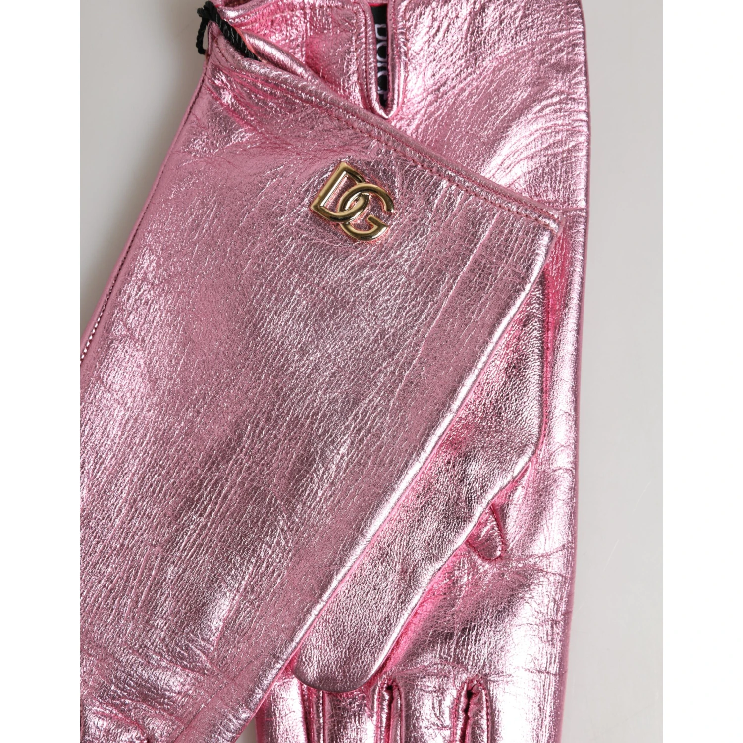 Pink Leather DG Logo Wrist Length Mitten Gloves