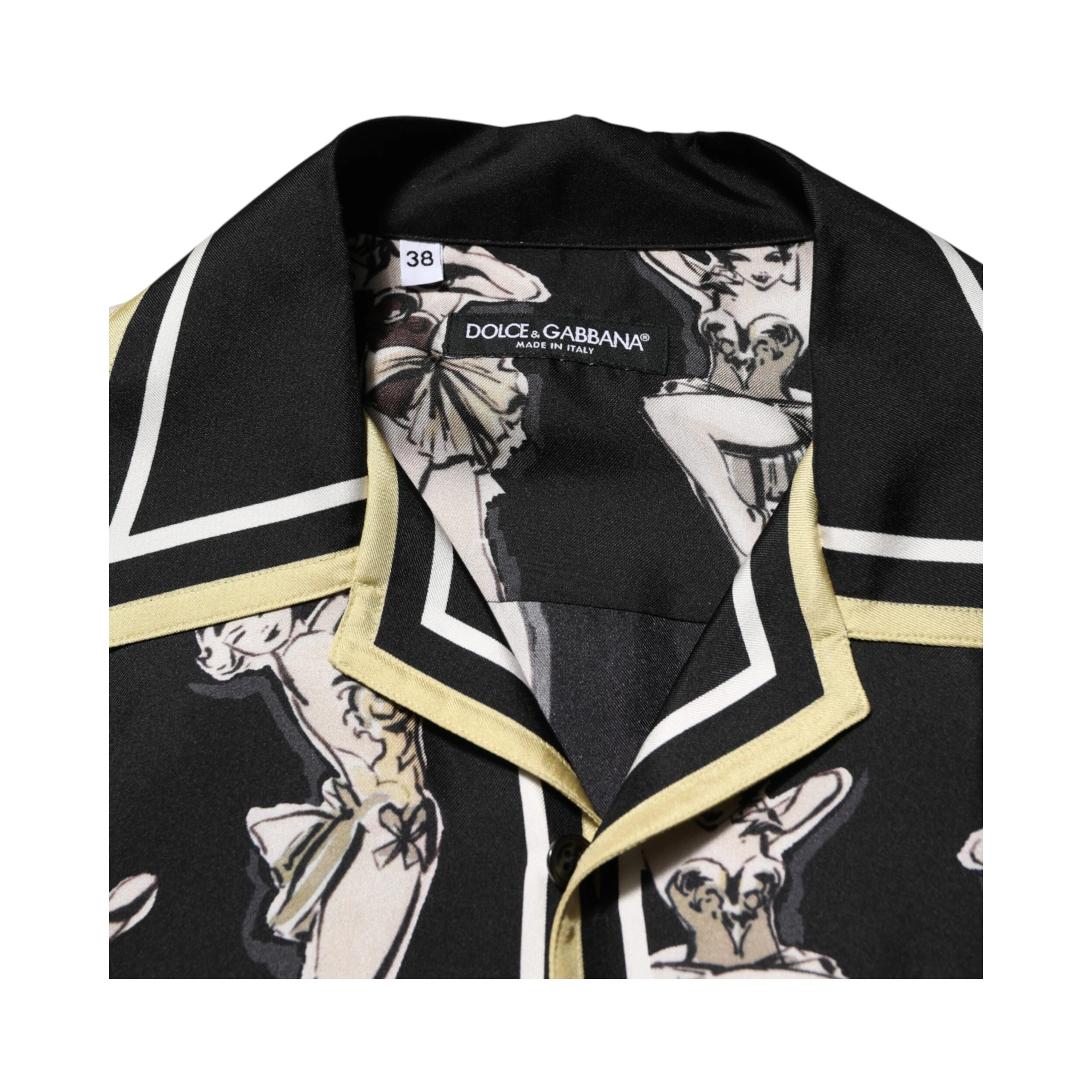 Black Silk Pin Up Printed Button Down Shirt