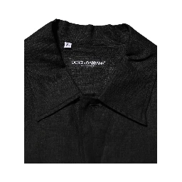 Black Linen Collared Short Sleeve Polo Shirt