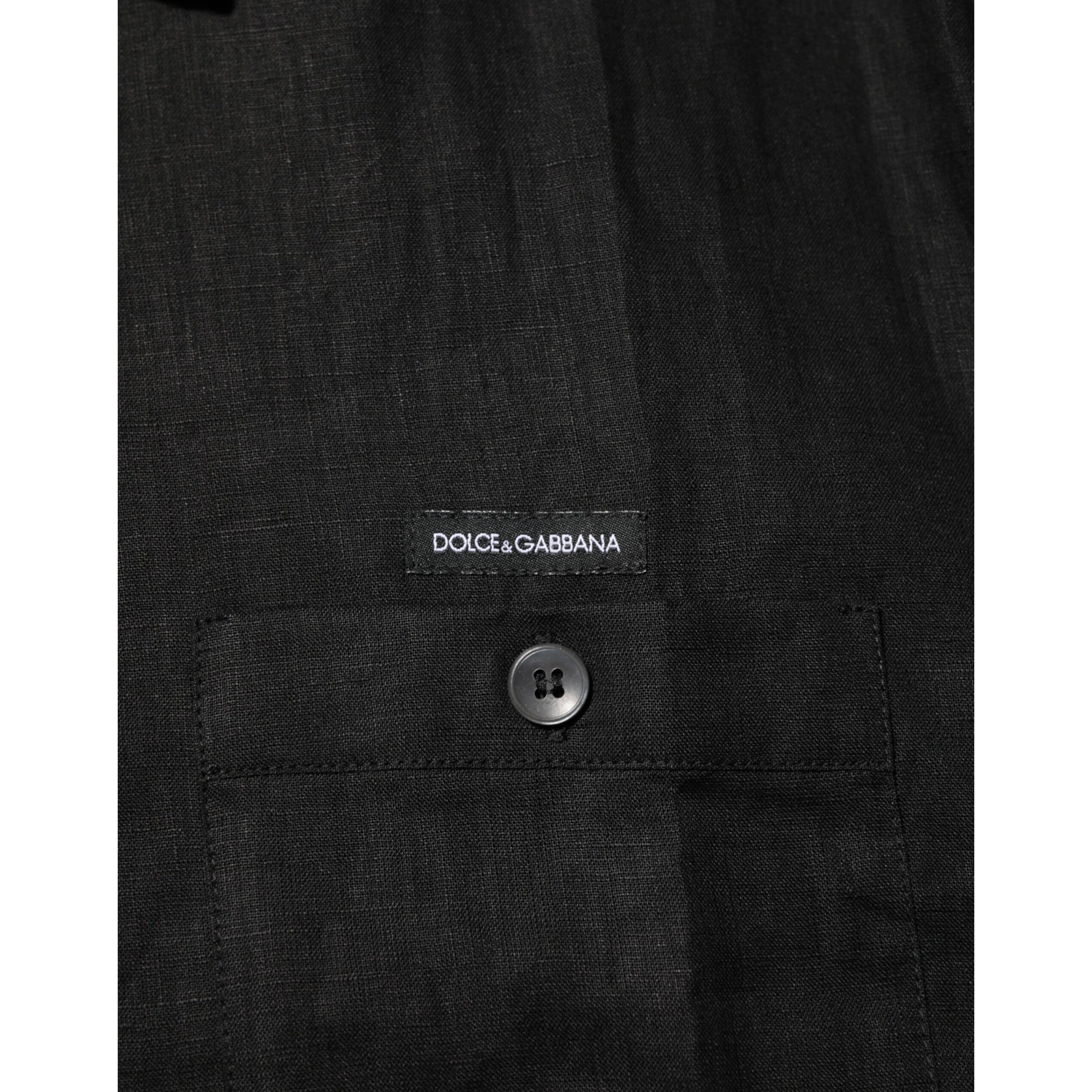 Black Linen Collared Short Sleeve Polo Shirt