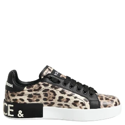 Brown Leather Leopard Low Top Sneakers Shoes