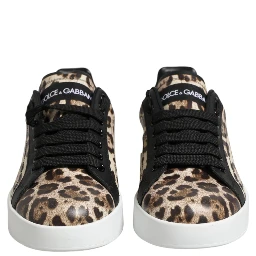 Brown Leather Leopard Low Top Sneakers Shoes