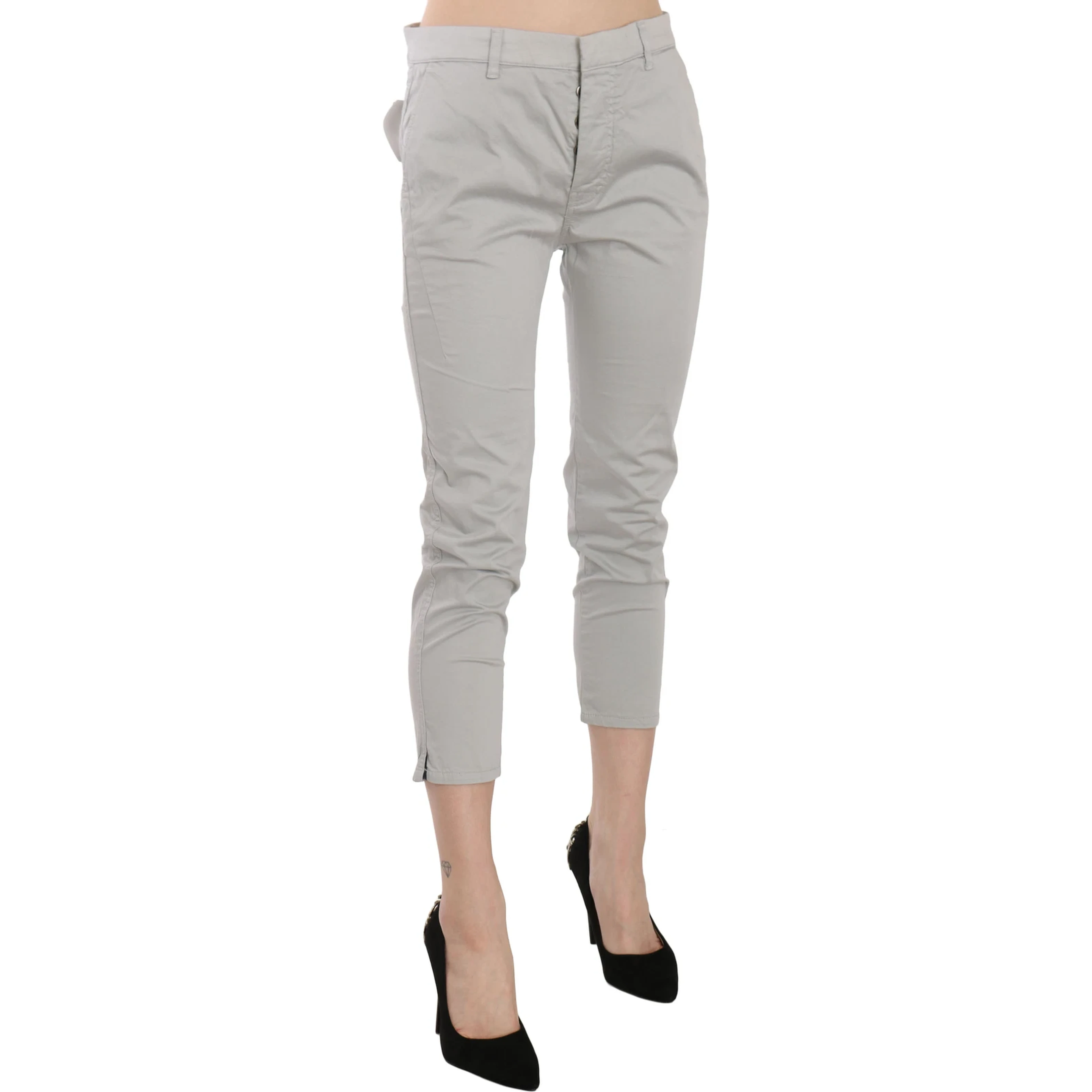 Cotton Gray High Waist Skinny Cropped Trousers Pants