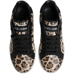 Brown Leather Leopard Low Top Sneakers Shoes