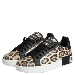 Brown Leather Leopard Low Top Sneakers Shoes