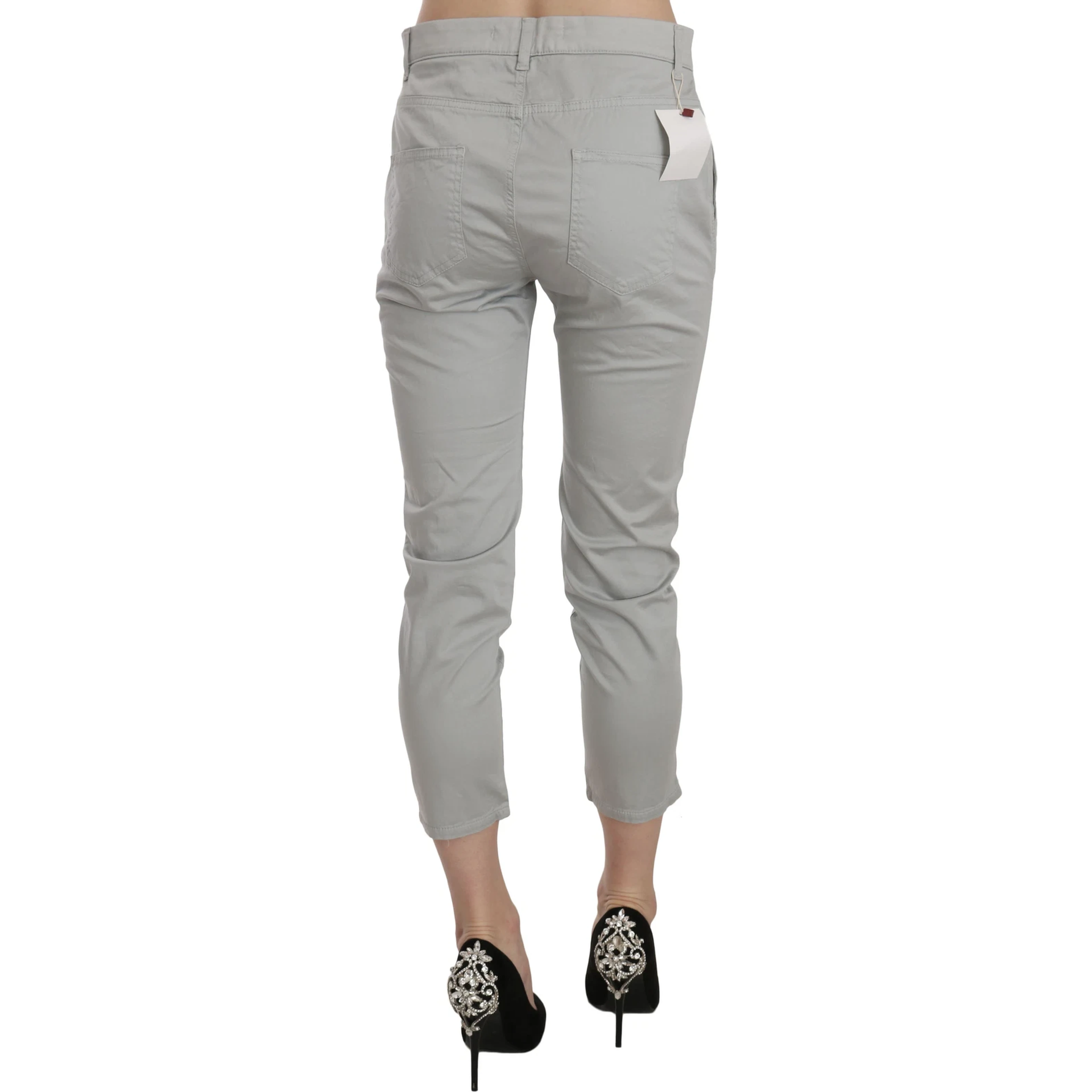 Cotton Gray High Waist Skinny Cropped Trousers Pants