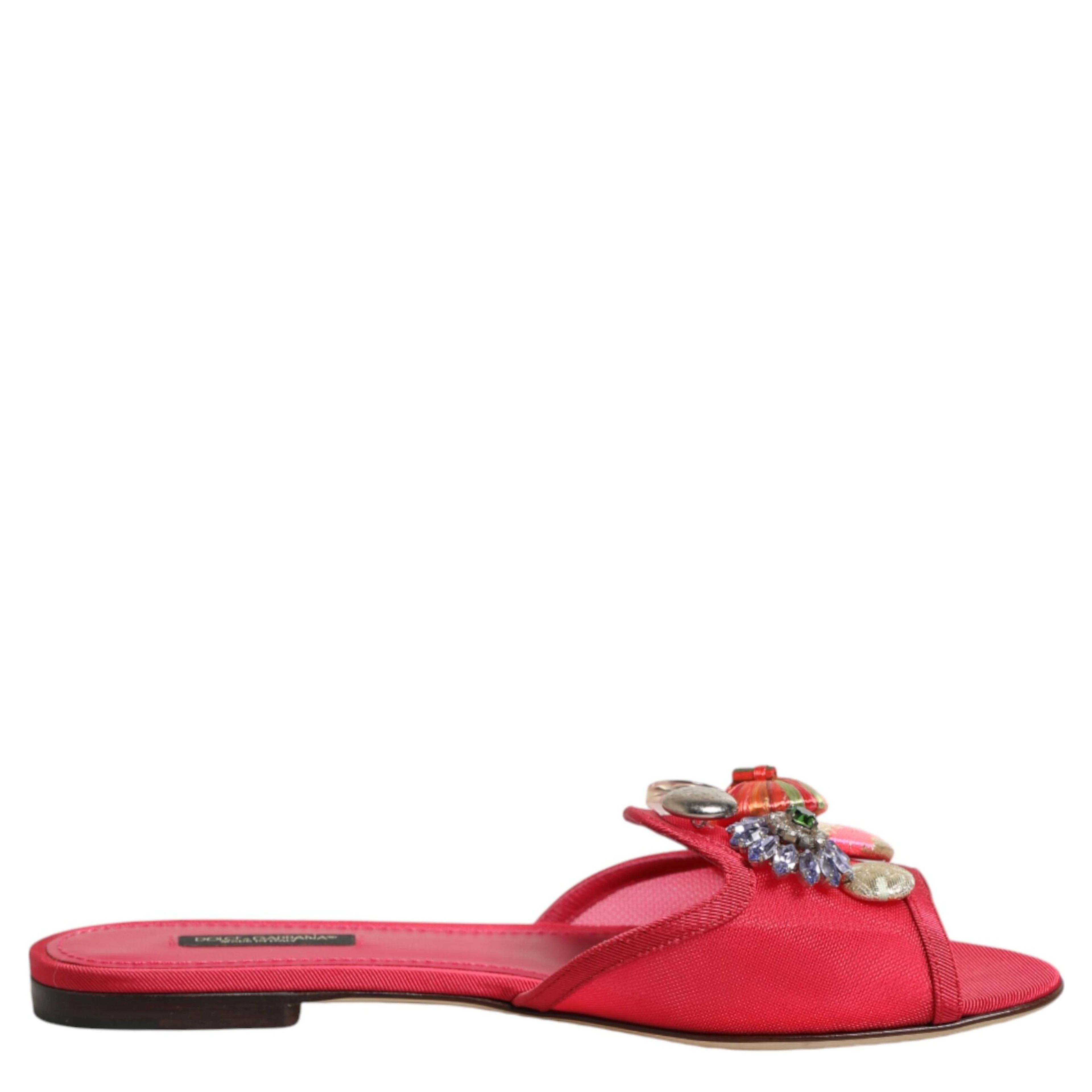 Red Embellished Flats Slip On Sandals Shoes
