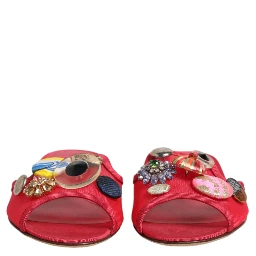 Red Embellished Flats Slip On Sandals Shoes