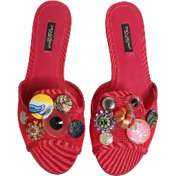 Red Embellished Flats Slip On Sandals Shoes