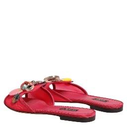 Red Embellished Flats Slip On Sandals Shoes