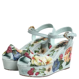 Green Floral Ankle Strap Wedge Sandals Shoes