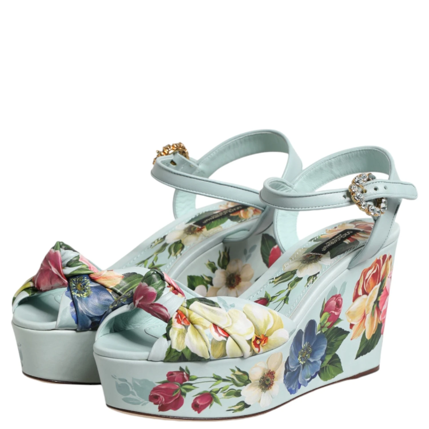 Green Floral Ankle Strap Wedge Sandals Shoes