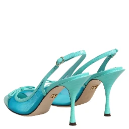 Blue Leather Mesh Heels Slingback Shoes