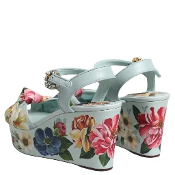 Green Floral Ankle Strap Wedge Sandals Shoes