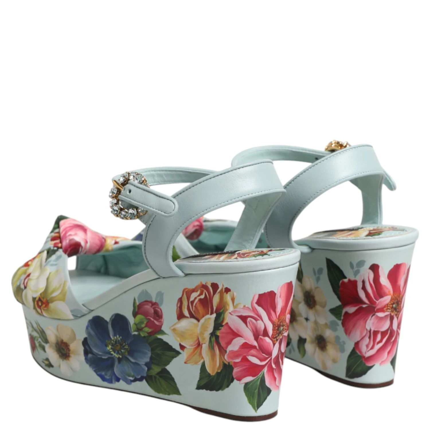 Green Floral Ankle Strap Wedge Sandals Shoes