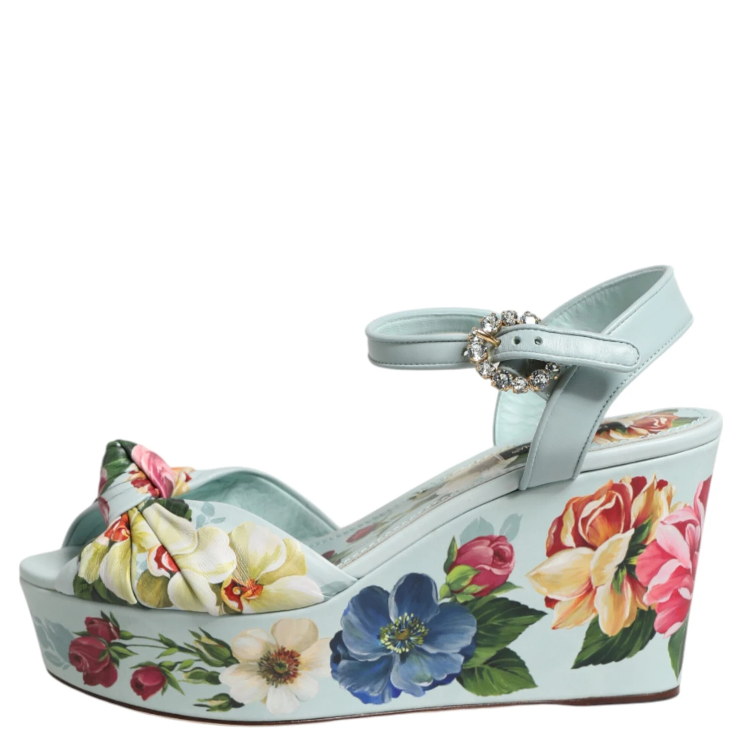Green Floral Ankle Strap Wedge Sandals Shoes