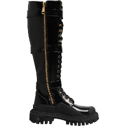 Black Buckle Embellished Knee High Boots Shoes