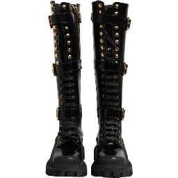 Black Buckle Embellished Knee High Boots Shoes