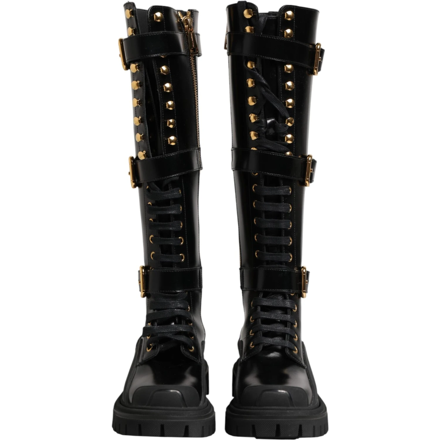 Black Buckle Embellished Knee High Boots Shoes