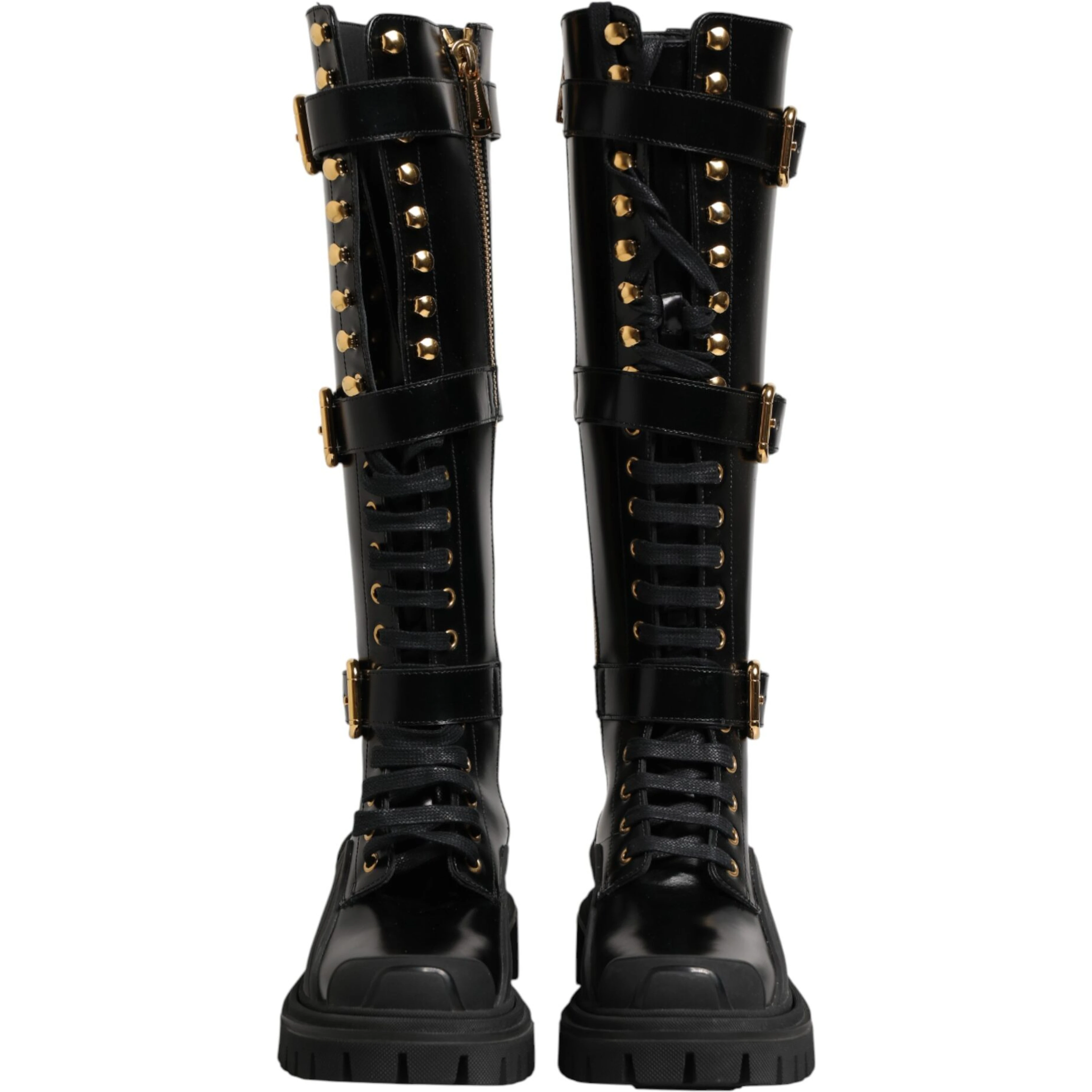Black Buckle Embellished Knee High Boots Shoes