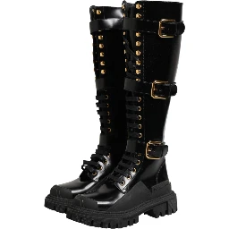 Black Buckle Embellished Knee High Boots Shoes