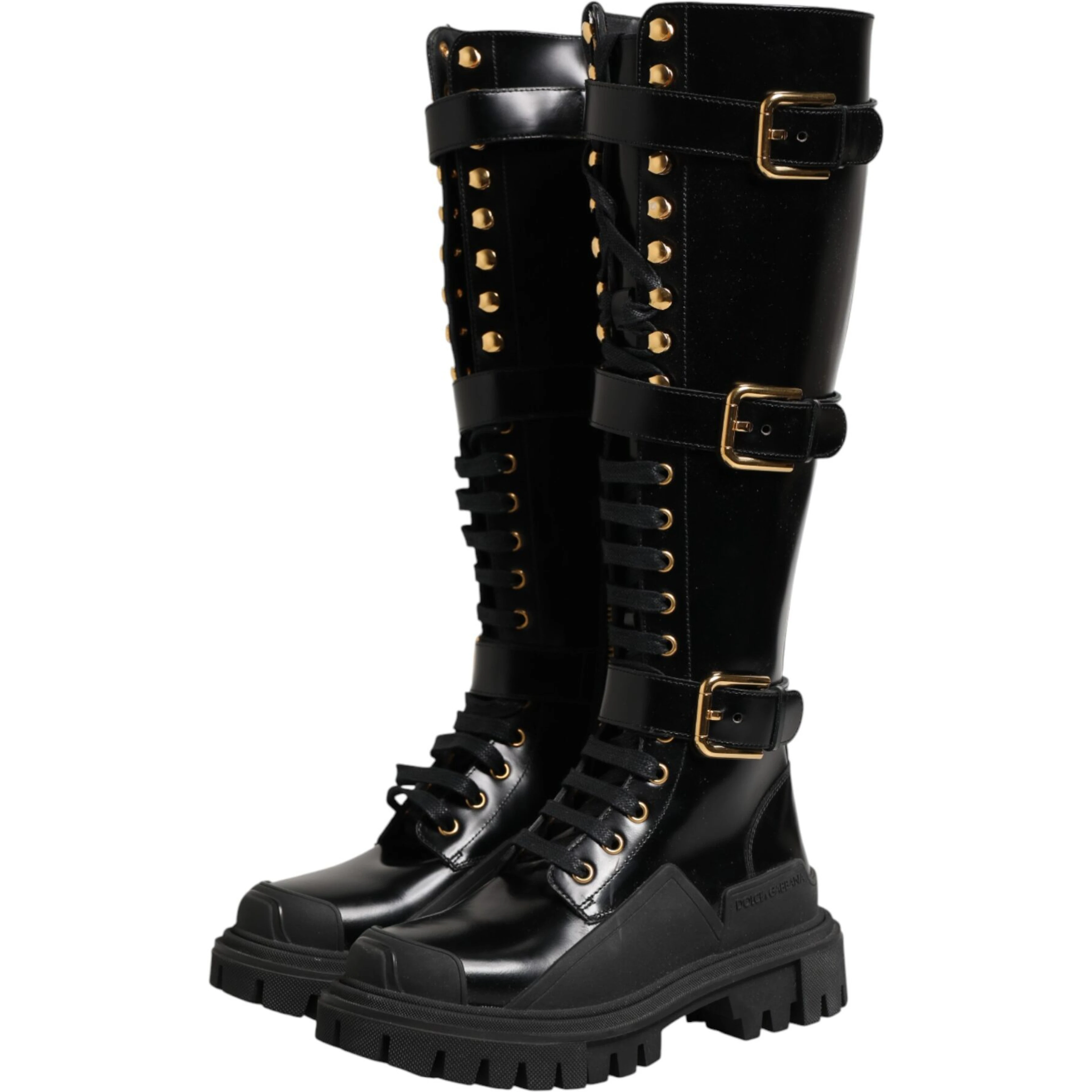 Black Buckle Embellished Knee High Boots Shoes