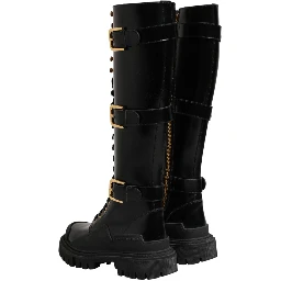 Black Buckle Embellished Knee High Boots Shoes