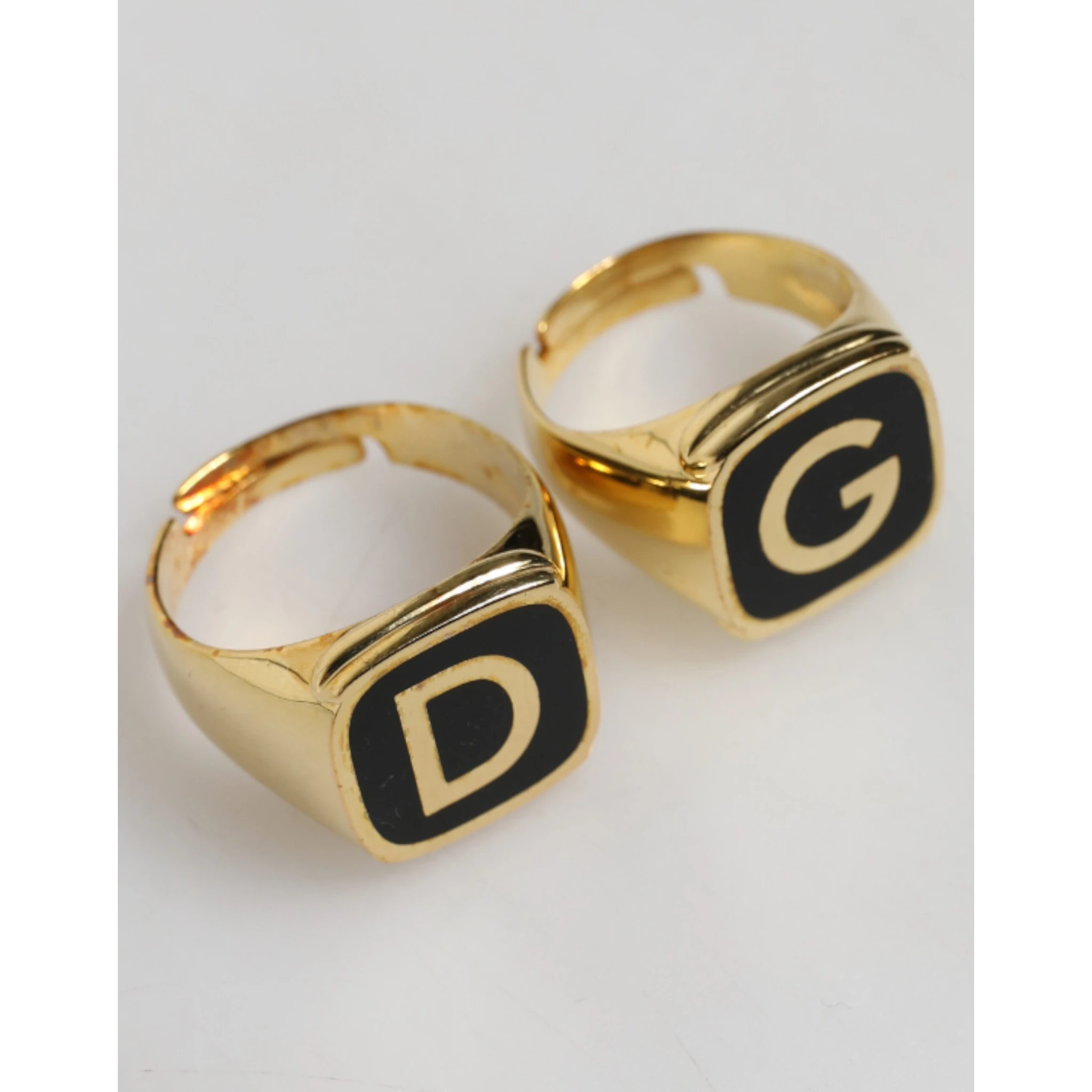 Gold-Tone Real Brass Black Enamel "DG" Adjustable Rings