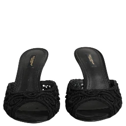 Black Embroidered Slip On Heels Slides Shoes