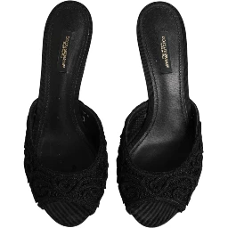 Black Embroidered Slip On Heels Slides Shoes