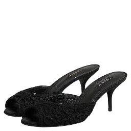 Black Embroidered Slip On Heels Slides Shoes