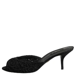 Black Embroidered Slip On Heels Slides Shoes