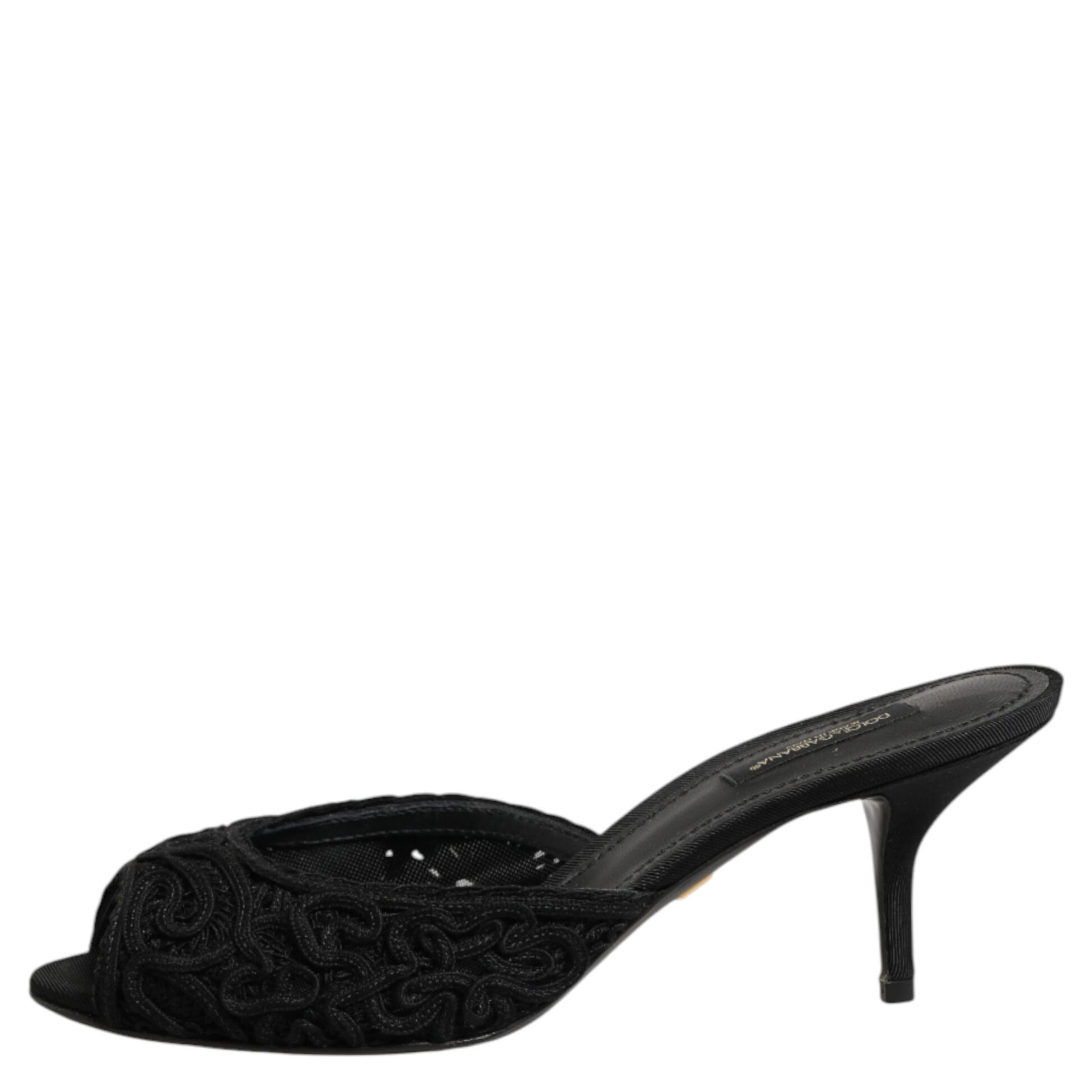 Black Embroidered Slip On Heels Slides Shoes