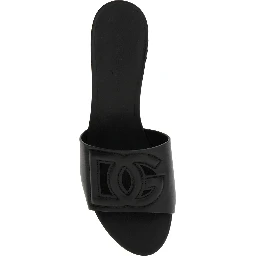 Black Slides with Low Heel and Logo DG  in Smooth Leather Woman