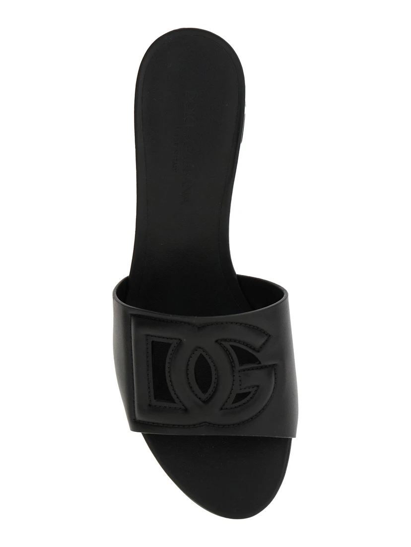 Black Slides with Low Heel and Logo DG  in Smooth Leather Woman