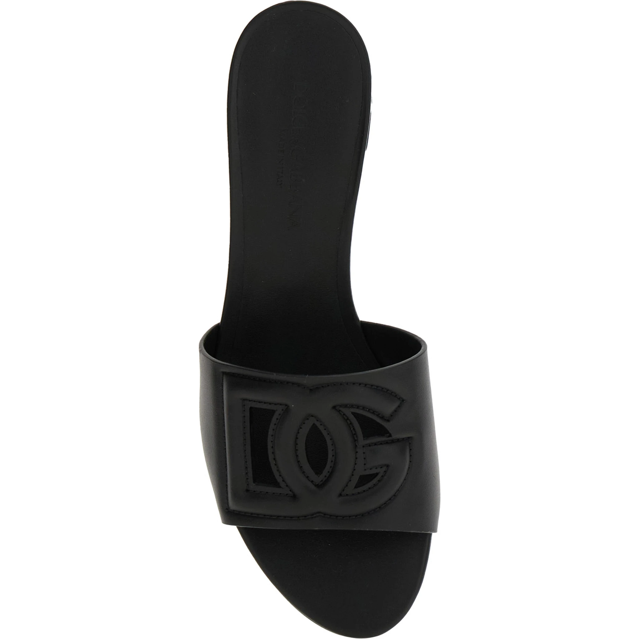 Black Slides with Low Heel and Logo DG  in Smooth Leather Woman