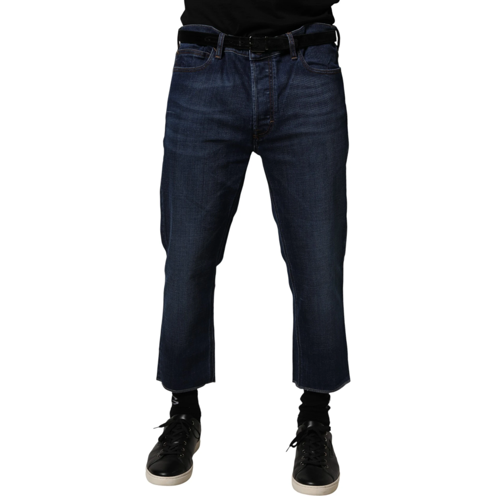 Blue Mid Waist Cotton Men Cropped Denim Jeans