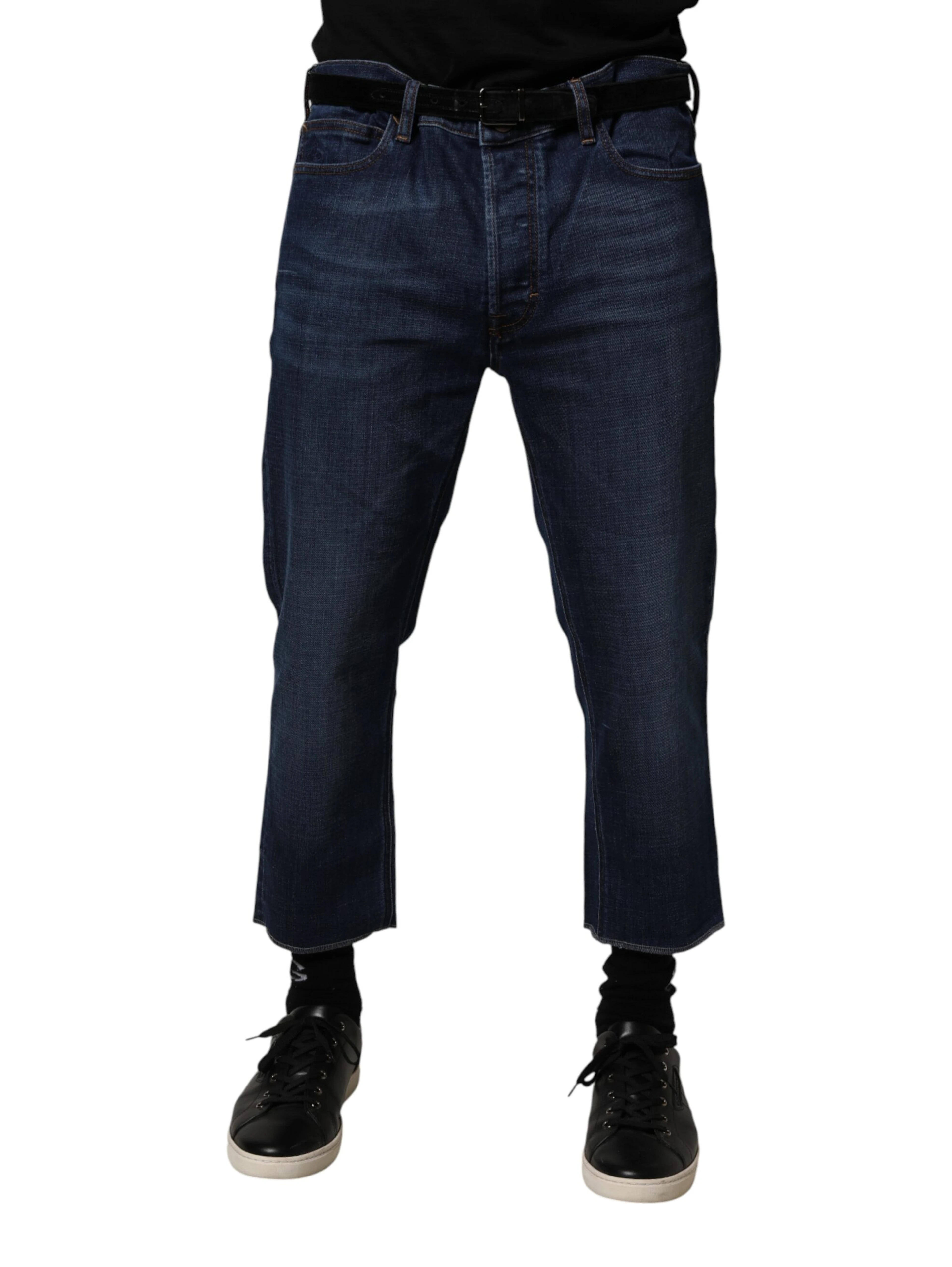 Blue Mid Waist Cotton Men Cropped Denim Jeans