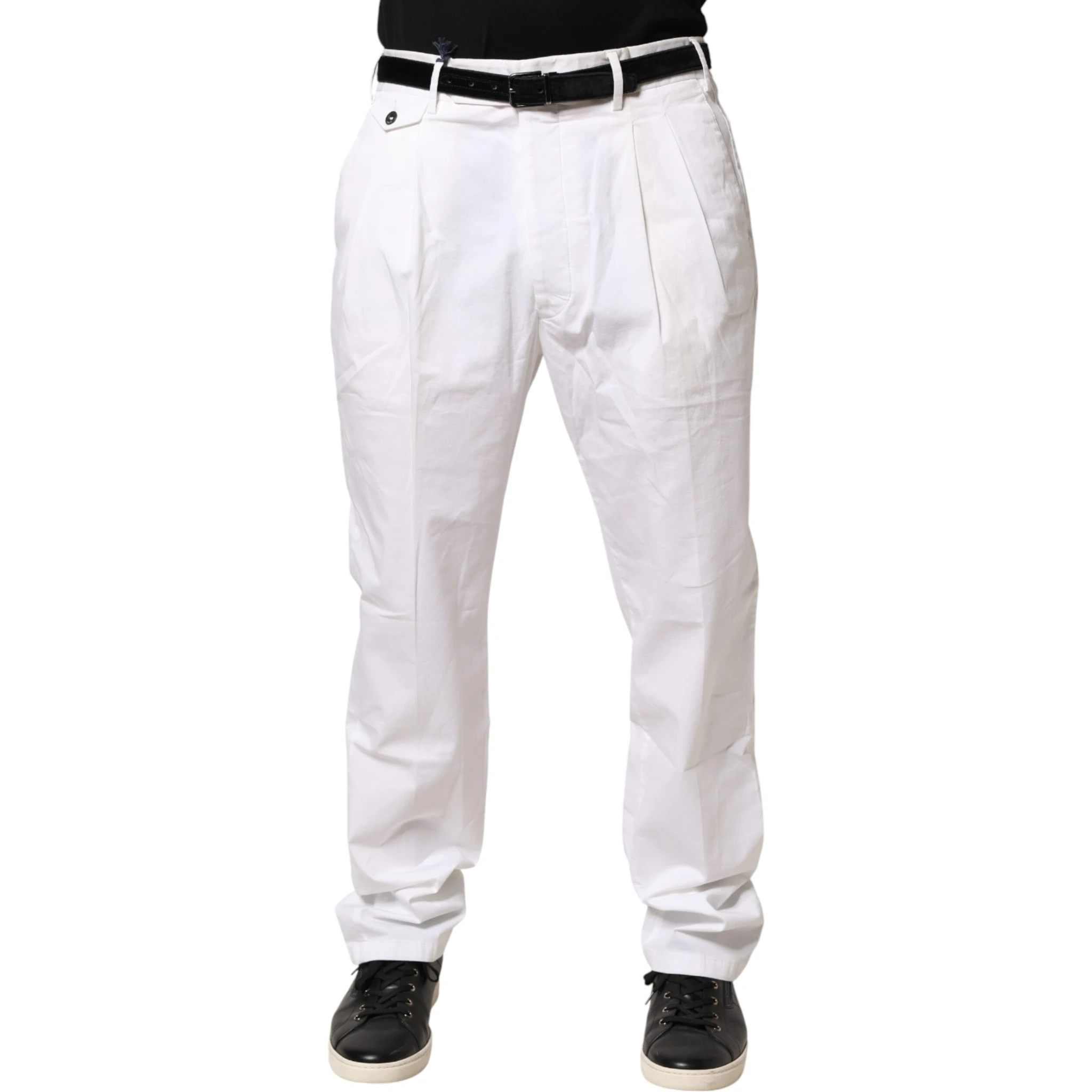 White Cotton Stretch Tapered Mid Waist Chino Pants