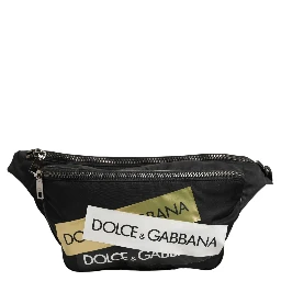 Black Logo Tape Print Waist Fanny Pack Men's Borse Bag