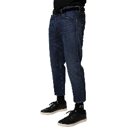 Blue Mid Waist Cotton Men Cropped Denim Jeans