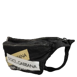 Black Logo Tape Print Waist Fanny Pack Men's Borse Bag