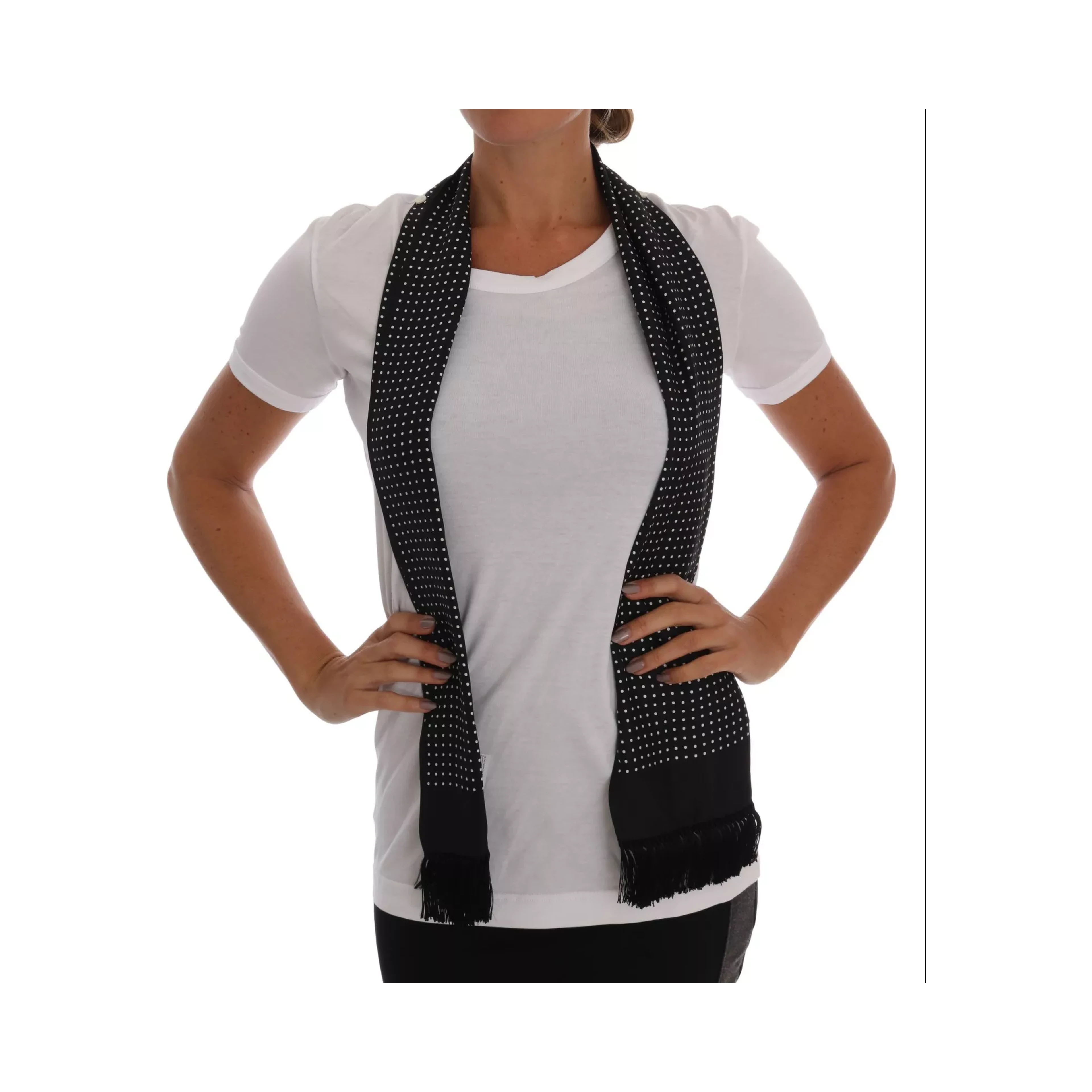 White Cotton Black Silk Scarf Top T-shirt