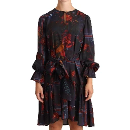 A-line Navy Blue Floral Silk Long Sleeve Knee Length Dress