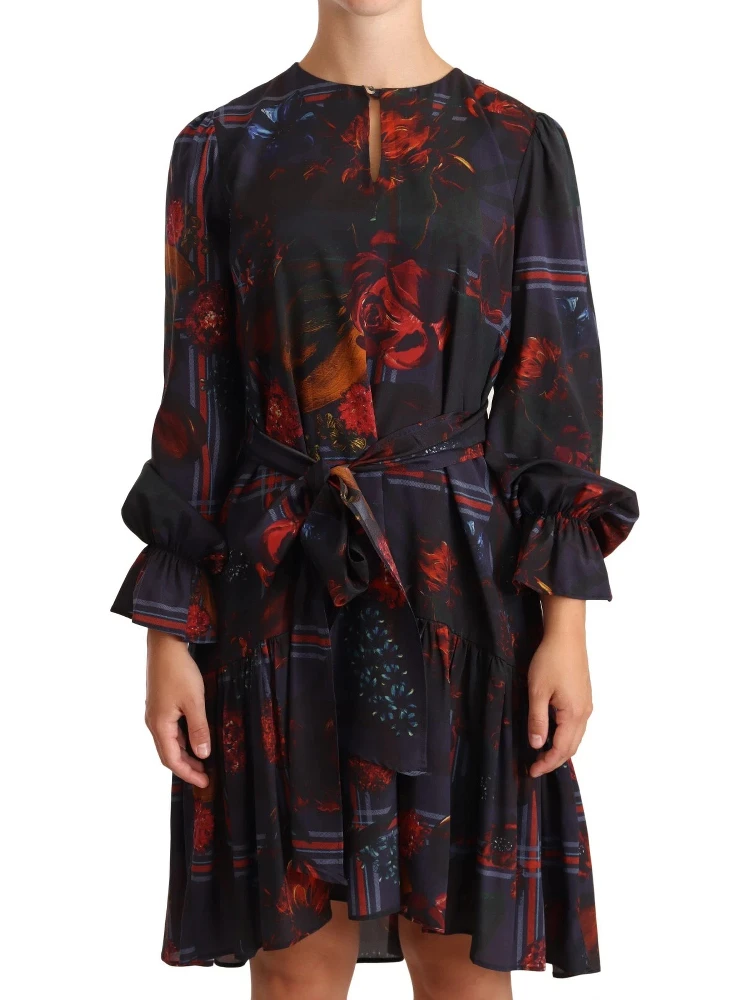 A-line Navy Blue Floral Silk Long Sleeve Knee Length Dress