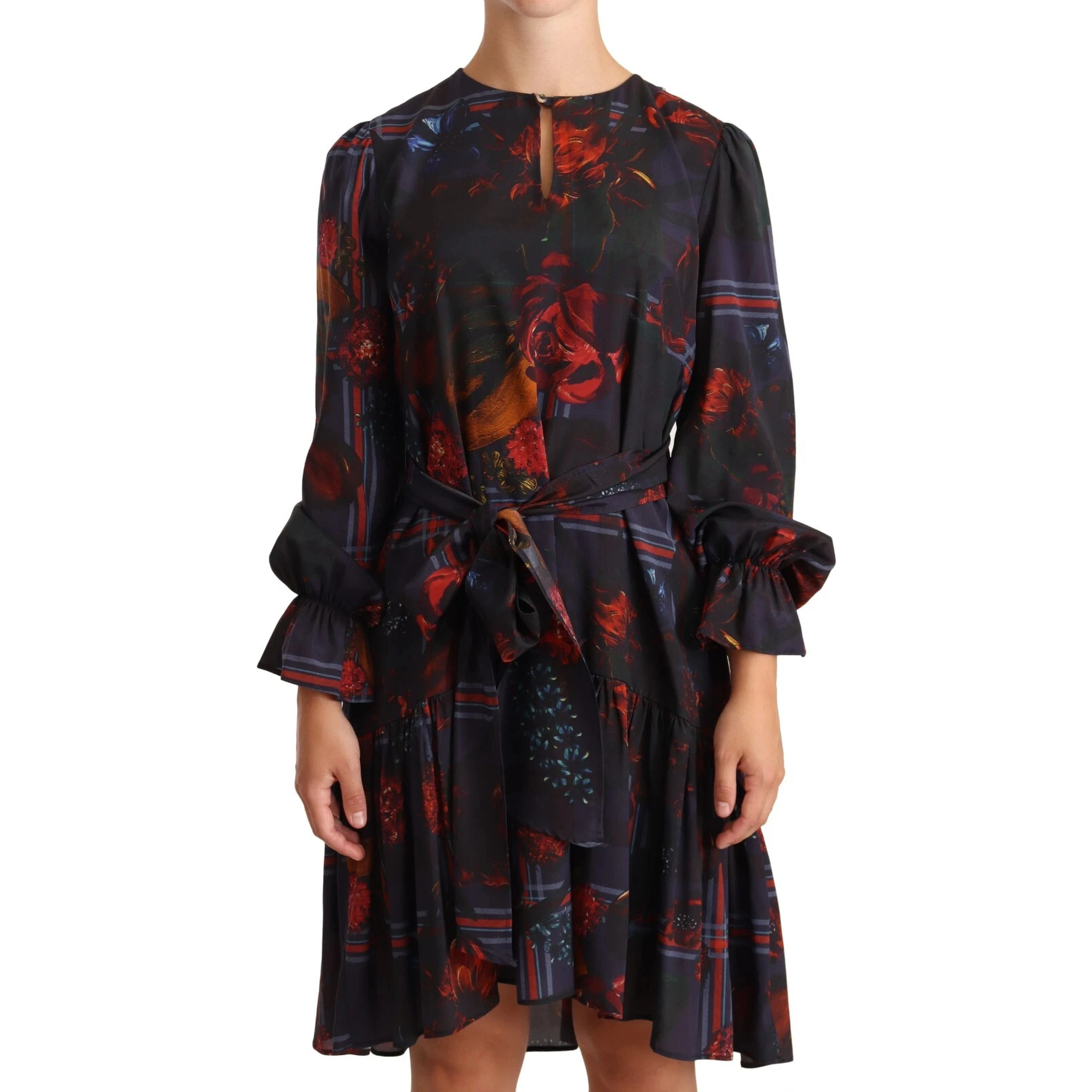 A-line Navy Blue Floral Silk Long Sleeve Knee Length Dress